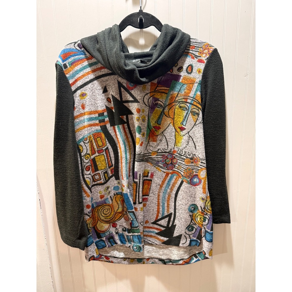 Ali Miles Women Multi Color Abstract Face Rhinestone Cowl Neck Hoodie Small